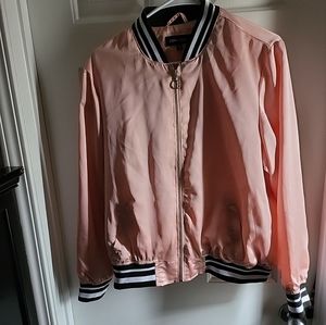 New Look 1X Pink Drop Shoulder Striped Trim Silk Varsity Zip UpJacket